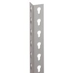 Close-up of a metal angle bracket with keyhole-shaped slots along its length. The bracket is standing vertically against a plain white background.