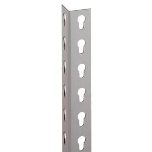 Close-up of a metal angle bracket with keyhole-shaped slots along its length. The bracket is standing vertically against a plain white background.