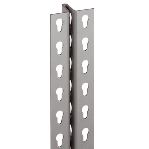 rivet-rack-t-post.jpg A close-up of a gray metal angle bracket with evenly spaced keyhole-shaped slots along its length. The bracket is positioned against a plain white background, showcasing its right-angle shape and perforations.