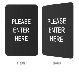 Two black rectangular ColorCore Sign Frame Bracket Inserts with white Please Enter Here text. Each features a 2-sided design, with one sign shown from the front and the other from the back, demonstrating its consistent appearance on both sides.