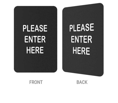 sign-frame-insert-please-enter-here-two-side-black.jpg Two black rectangular ColorCore Sign Frame Bracket Inserts with white Please Enter Here text. Each features a 2-sided design, with one sign shown from the front and the other from the back, demonstrating its consistent appearance on both sides.