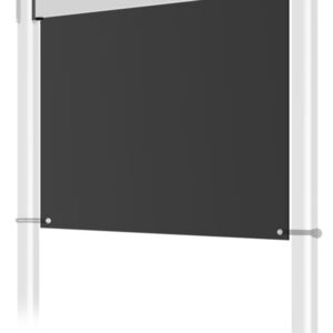 A sleek black rectangular panel with a silver frame and two vertical silver posts resembles the Visiontron Top Beam Panel System, standing elegantly against a white background like a sign or board.