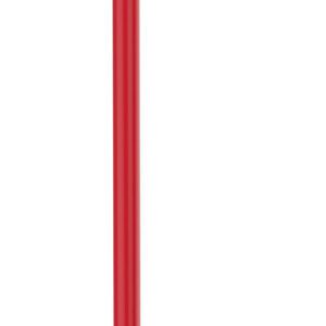 A retractable belt barrier with a red post, black belt, and black base, typically used for crowd control in public spaces.