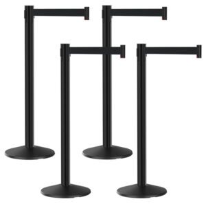The Visiontron Value Series Retractable Belt Bundle, 10 Belt, includes four black stanchions with flat circular bases and adjustable belts. Ideal for crowd control or line management, these stanchions ensure reliable functionality in any setting.