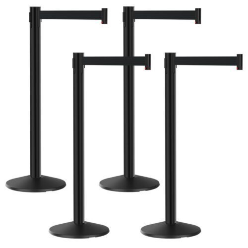 value-4-bundle-retractable-belt-post-black-black.jpg The Visiontron Value Series Retractable Belt Bundle, 10 Belt, includes four black stanchions with flat circular bases and adjustable belts. Ideal for crowd control or line management, these stanchions ensure reliable functionality in any setting.