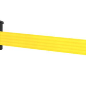 A black wall-mounted retractable belt barrier extends a bright yellow belt to a holder with a black and red end piece. The setup is used to control queues or restrict access.