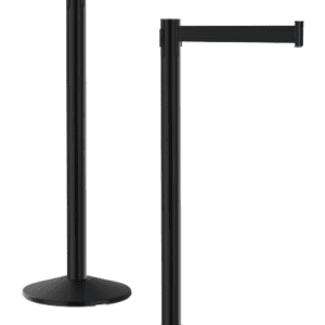 Meet the Visiontron Value Series Black Aluminum Retractable Belt Stanchion Set of 2. These stanchions, equipped with 10 belts, excel in crowd control while their round base and upright post add a sleek, stylish touch.