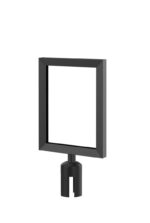 The Visiontron Prime Sign Holder Frame Kit, 8.5 x 11 Black or Chrome, features a sleek black rectangular design with a mounting attachment at the bottom, available against a plain white background for a sophisticated look.