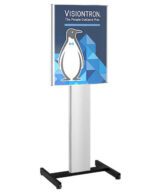 The Visiontron Versa-Stand Weatherproof Sign Stand prominently features Visiontrons logo—a stylized penguin with a bowtie on a geometric blue background—accompanied by the slogan, The People Guidance Pros.
