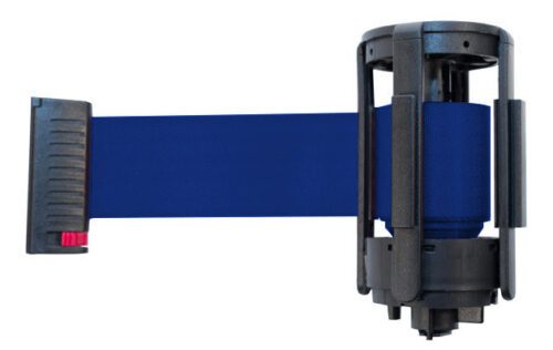 value_replacement_blue_retractable_belt.jpg A black wall-mounted retractable barrier with a 10 blue strap extended, equipped with a left-side locking mechanism and compatible with the Replacement Cassette for Visiontron G4 Value Series Belt, 10 Belt.
