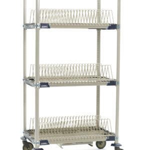 Introducing the MetroMax i PR36VX2-XDR Mobile Drying Rack with Three Tray Racks, measuring 26 x 38 x 68. It features a sleek metal design with slatted shelves, a drip tray, and a plain white finish. The rack glides effortlessly on four swivel wheels.