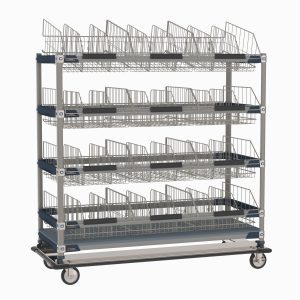 The MetroMax i MXIV6 IV Transport/Storage Sloped Basket Cart, 24 x 60, is a mobile shelving unit with metal frames and wire basket compartments, offering four tiers of organization space in a sleek white design.