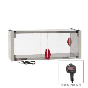 The Metro HSX1442-EKIT-UK Super Erecta Hot Enclosure Kit with a stainless steel heated shelf (42.7 x 17.7 x 17.4) has transparent sliding doors, red handles, and a black power cord with an image of the Type G plug (UK) in the bottom right corner.