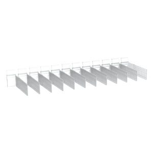 A row of Metro FL132 Additional Dividers for the FL131 Ampule Tray Kit, a 12-pack of clear plastic slotted racks, is set against a white background. Each evenly spaced divider features multiple slots for item organization.