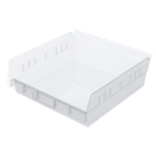The Metro MB30170CLN Nesting Shelf Bin is a clear, square plastic container with dimensions of 11.6 x 11.12 x 4. Its raised edges and grooved sides make it ideal for home or office organization while the transparent design offers easy visibility of contents.