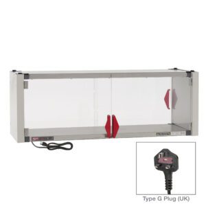 The Metro HSX1448-EKIT-UK includes a stainless steel heated shelf, operates on 220-240V/336-400W, features sliding glass doors with red handles, and has a Type G plug. Its dimensions are 48.7 x 17.7 x 17.4, making it perfect for versatile display solutions.