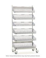 The Metro QB118-M6 qwikSIGHT Mobile Single-Sided 6-Basket Shelving Unit, 18 L, is a tall white metal storage rack on wheels with mesh baskets. Note: Actual dimensions may vary from product shown. The rack is set against a plain background.