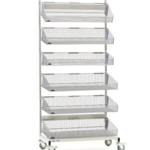 The Metro QB118-M6 qwikSIGHT Mobile Single-Sided 6-Basket Shelving Unit, 18 L, is a tall white metal storage rack on wheels with mesh baskets. Note: Actual dimensions may vary from product shown. The rack is set against a plain background.