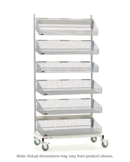 The Metro QB118-M6 qwikSIGHT Mobile Single-Sided 6-Basket Shelving Unit, 18 L, is a tall white metal storage rack on wheels with mesh baskets. Note: Actual dimensions may vary from product shown. The rack is set against a plain background.