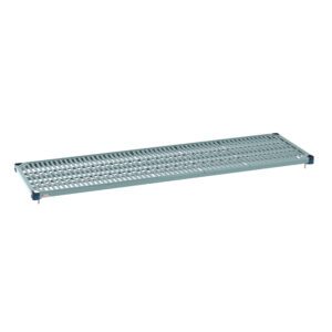 The MetroMax Q MQ2172G Plastic Industrial Shelf with Grid Mat, measuring 21 x 72, features a light blue finish and perforated surface with corner supports for style and functionality.