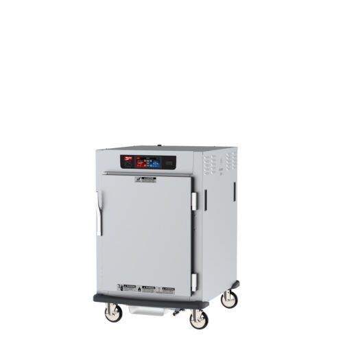 The Metro C595L-SFS-UPFS C5 9 Series cabinet, in gray, has a full-length solid door and a numbered control panel. It features vented sides and strong caster wheels for easy mobility, making this 120V unit ideal for controlled humidity during heated holding and proofing.