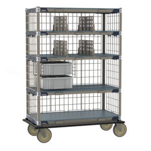 The Metro ECT55DX3 MetroMax i Deluxe Transport and Exchange Cart, 24 x 48, has a robust five-shelf system on wheels with durable metal grid frames, using various-sized gray plastic bins ideal for managing heavy loads.