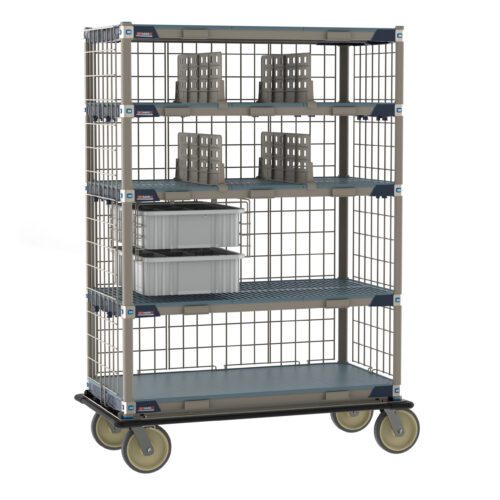 The Metro ECT55DX3 MetroMax i Deluxe Transport and Exchange Cart, 24 x 48, has a robust five-shelf system on wheels with durable metal grid frames, using various-sized gray plastic bins ideal for managing heavy loads.