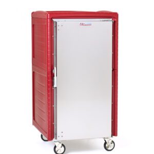 The Metro C548N-SU C5 4N Series Transport Cabinet, in red, features a stainless steel front door and four swivel castors. Perfect for catering or events, this 5/6 height non-powered cart uses universal wire slides to effortlessly maintain food temperature.