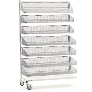 The Metro QB118-M7A qwikSIGHT Mobile Single-Sided 7-Basket Shelving Add-On Unit, 18 L, features six slanted wire mesh baskets on a sturdy metal frame with four wheels, ideal for vertical storage and display. Note: Actual dimensions may vary slightly.