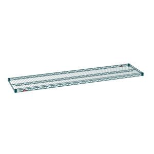 The Metro Super Erecta 1872NK3 Industrial Wire Shelf, Metroseal Green Epoxy, 18 x 72, features a long green metal grid design with slightly raised edges for secure item storage.