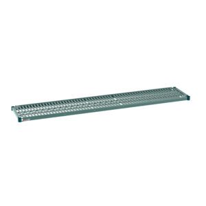 The Metro Super Erecta Pro PR1472NK3 Industrial Wire Restaurant Shelf includes a green metal grate and grid pattern, ideal for restaurants or storage. Its 14 x 72 size and detachable plastic mat make it perfect for heavy-duty shelving or weight support.