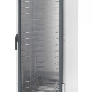 The Metro C519-PFC-4A C5 1 Series full-height stainless steel proofing cabinet features fixed wire slides, a glass front door, and control knobs at the bottom. Powered by 1440W, it is mounted on casters for easy mobility.