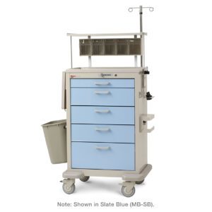 The Metro MBX1310ANES4 Basix Anesthesia Cart features slate blue drawers, a side trash bin, an I.V. pole, and a compartmentalized top shelf. Designed for convenience and mobility, it is equipped with wheels for easy movement throughout medical facilities.