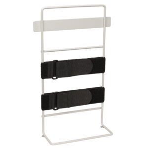 The Metro FL223 Mounting Bracket is a white metal stand with two adjustable black straps. It features a rectangular frame, sturdy base, and buckle fastenings, making it ideal for securely supporting sharps containers or waste baskets on Flexline and Lifeline Carts.