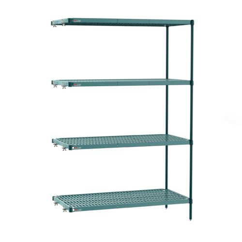 0sj9idll7c1lg65ewcvv95jm73sbj44j.jpg The Metro PR-244274K3-A-4 Super Erecta Pro Shelving Add-On Unit, with removable plastic mats, measures 24 x 42 x 74, features four sturdy shelves, and is ideal for storage or display. Its green metal construction stands out against a white background.