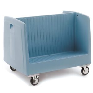 The Metro DSD11 Double-Sided Side-Load Polymer Dish/Tray Cart is a spacious, light blue plastic cart with ribbed sides and an open top, featuring four swivel caster wheels for easy mobility, ideal for efficiently transporting or storing bulky items.