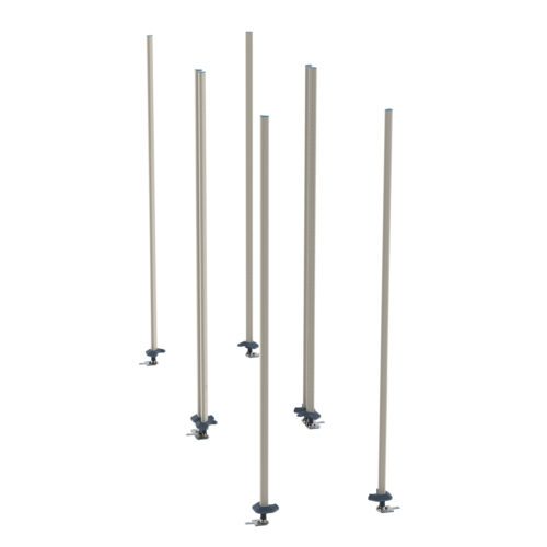 Six slender polymer posts with mounting bases form an upright formation, embodying the Metro LBTAX3 qwikTRAK Double Deep Stationary Intermediate Unit Kit for MetroMax Shelving. The posts are light beige, and the darker, adjustable-looking bases complete the ensemble.