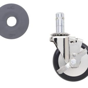 On the right, a Metro 4LDB 4 Resilient Rubber Swivel/Brake Stem Caster is shown with its metal bracket and brake lever, while a separate gray rubber cap with a central hole for added protection is displayed to the left.