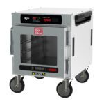 The Metro HBCN4-DC-UC HotBlox is a narrow 4-pan insulated undercounter holding cabinet with a clear door and digital touchscreen controller. This 120V, 60Hz, 875W unit features large wheels, side handles for easy maneuvering, and a NEMA 5-15P plug.