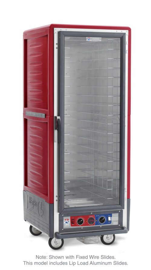 The Metro C539-CLFC-L C5 3 Series Cabinet features a full-length clear door, optional lip load aluminum slides, metal interior shelves, and red frame with wheels. It operates at 60Hz and 1440W for optimal performance.
