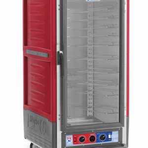 The Metro C537-CLFC-U C5 3 Series is a red 3/4 height insulated holding/proofing cabinet featuring a full-length clear door, universal wire slides, and bottom front control panels for 120V, 60Hz use.