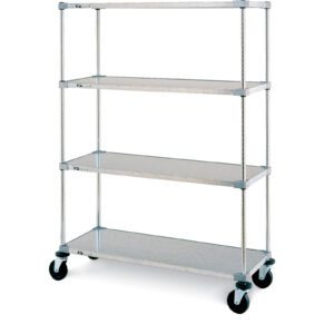 The Metro F556EG Super Erecta Cart features four galvanized metal shelves on wheels in a 24 x 48 x 67.875 design, offering streamlined storage with an industrial look.