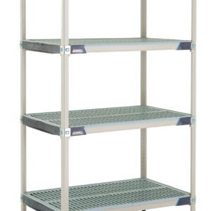 The MetroMax i X536GX3 4-Shelf Industrial Shelving Unit measures 24 x 36 x 63 and features four adjustable, perforated shelves within a sturdy light gray frame with blue accents, ideal for versatile storage.