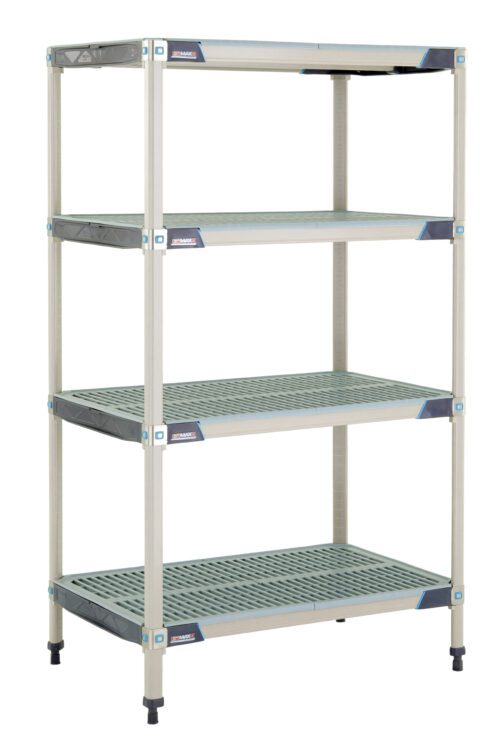 The MetroMax i X536GX3 4-Shelf Industrial Shelving Unit measures 24 x 36 x 63 and features four adjustable, perforated shelves within a sturdy light gray frame with blue accents, ideal for versatile storage.