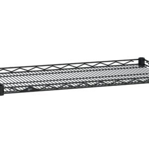 The Metro HDM2448BL Super Erecta Drop Mat Wire Display Shelf, black, 24 x 48, has a sleek lattice wire design. Its rectangular shape with robust corner posts makes it ideal for organization or storage.