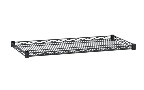 The Metro HDM2448BL Super Erecta Drop Mat Wire Display Shelf, black, 24 x 48, has a sleek lattice wire design. Its rectangular shape with robust corner posts makes it ideal for organization or storage.