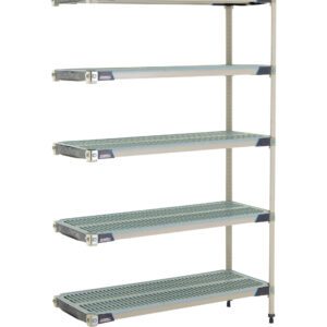 The MetroMax i 5AX357GX3 5-shelf plastic industrial shelving add-on unit, sized at 18 x 48 x 74, has adjustable perforated shelves and a sleek silver frame that elegantly contrasts with a white background.