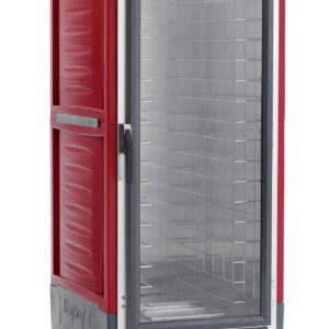 The Metro C539-CLFC-4 C5 3 Series is a full-height, insulated holding/proofing cabinet in red with a clear door, fixed wire slides, control knobs at the bottom, wheels for easy mobility, and operates on 120V power.