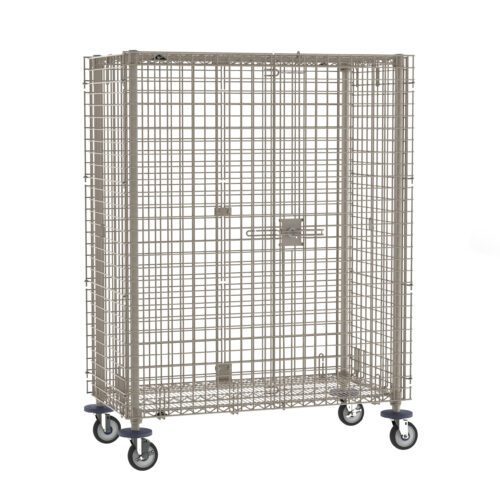 The Metro MQSEC55DE MetroMax Mobile Security Shelving Unit, measuring 27.8125 x 52.75 x 67.8125, combines industrial utility with mobility and security through its metal wire cage, secure latch front door, open grid design, and four caster wheels for easy storage or transport.