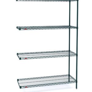 The Metro AN416K3 Super Erecta add-on unit in Metroseal Green Epoxy features a minimalist design, measuring 21 x 24 x 63, with four vertically arranged wire shelves and supporting side bars. Note: Actual dimensions may vary from whats shown.